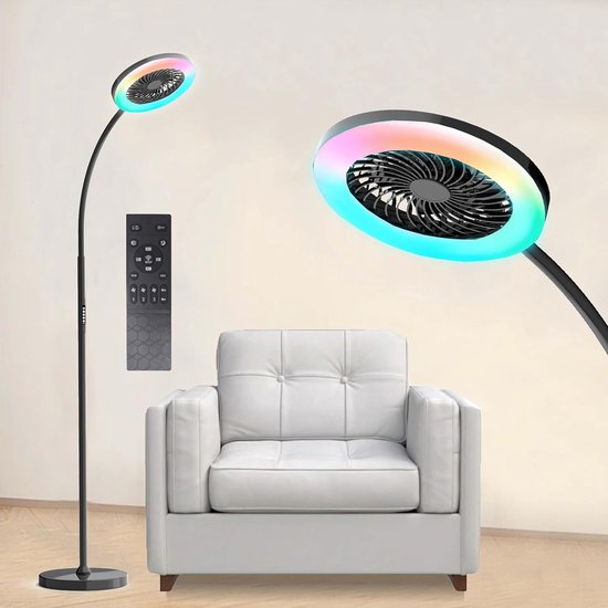 Rosnek Staande Lampen met Ventilator - 183cm Stille 2-in-1 Staande Ventilatorlamp - 1500 Lumen LED - 3 Snelheden, 12W RGB + Afstandsbediening - 360° Zwanenhalsrotatie Staande Lampen - Ideaal voor Slaapkamer/Kantoor(Zwart) van Rosnek