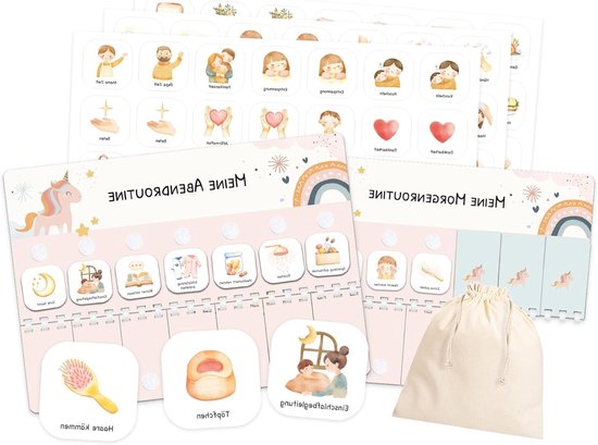 Routine Planner Kinderen - Dagplan Ochtend Avond - Zelfstandigheid Leren - 105 Symboolkaarten - Inklapbaar - Eenhoorn
