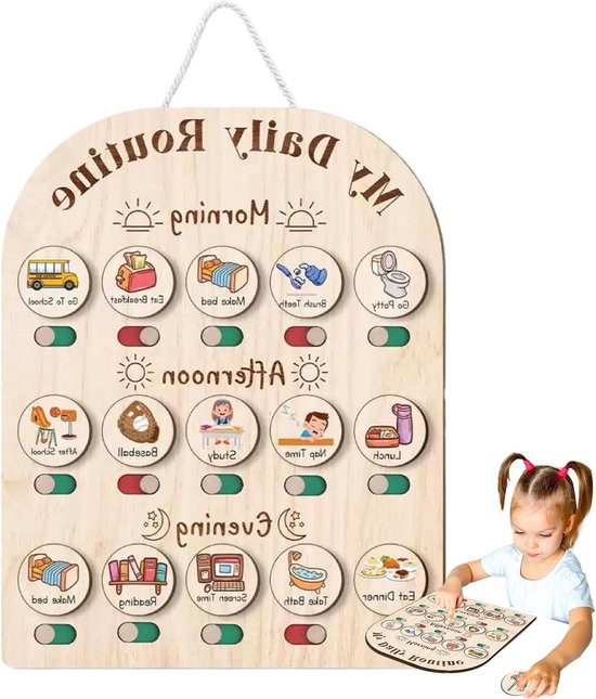 Routineplanner Kinderen - Dagelijkse Schema - Gewoontes Leren - Interactief Visueel Systeem - 356 x 304 cm - Houtkleur