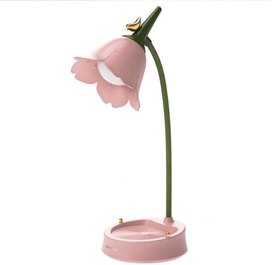 Roze Bloem Bureaulamp met Vogelmotief - USB Oplaadbaar Touch-bediening 3 Lichtstanden Flexibele arm, sfeerlamp voor slaapkamer, studeerhoek en nachtlamp