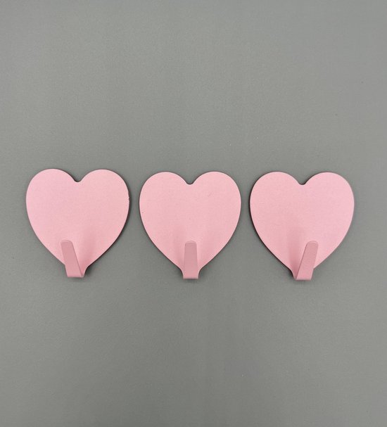 Roze Hartjes Haakjes - Set van 3 - Wandhaak Kinderkamer / Babykamer Decoratie - Leuke haakjes kinderkamer - Haakjes voor in de kast - Meisjeskamer - plakhaak