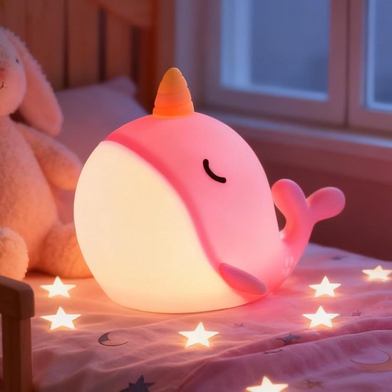 Roze nachtlampje - Nachtlampje voor kinderen - Narwal siliconen nachtlampje - Schattig nachtlampje met 7 kleuren - Draagbaar nachtlampje met aanraakbediening - USB oplaadbaar met timer - Geschikt als nachtlampje, verjaardagscadeau of woondecoratie