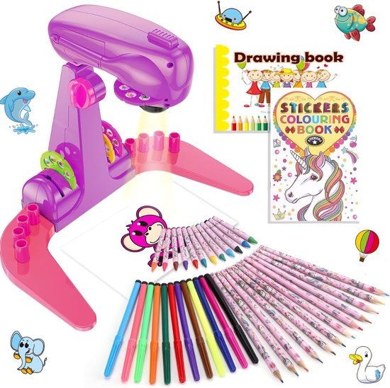 RUX® Tekenprojector Kinderen - Tekenprojector - Kinder Tekenprojector - met Accessoires - Roze en Paars- 17cm x 12cm x 24cm van Merkloos
