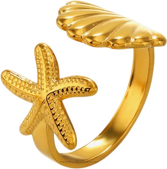 RVS Zeester en Schelp Ring voor Dames - Zomer Strand Ring - Luxe Sieraad van Roestvrij Staal - Verkleurvrij van Yonoa.