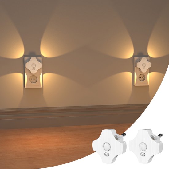 Ryoudavell - LED Nachtlampje op Stopcontact met Bewegingssensor - Set van 2 Dimbaar Insteek Nachtlamp met Lichtsensor - Warm Wit Stervormig Lampje 30-100LM - Automatisch Aan/Uit voor Gang, Trap, Slaapkamer en Badkamer - EU-stekker van ryoudavell