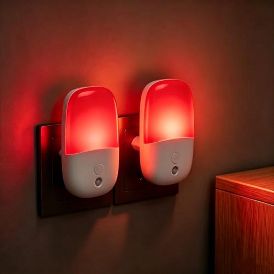 Ryoudavell - Nachtlampje Stopcontact Set van 2, Dimbaar Rood en Warm Amber LED Nachtlicht met Lichtsensor, Auto Aan/Uit, 0.5W, Inklapbare EU-stekker - voor Slaapkamer, Babykamer, Gang, Overloop, Badkamer