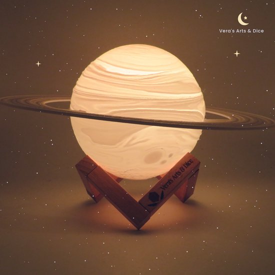 Saturnus Lamp - Vera's Arts & Dice - 16 Verschillende Kleuren - Planeet Lampen - Saturn Lamp - LED Lamp - Oplaadbaar Dimbaar Stroboscoop Afstandsbediening - 3D Print Handmade - Lampen Sfeerverlichting - Slaapkamer Woonkamer Kinderkamer
