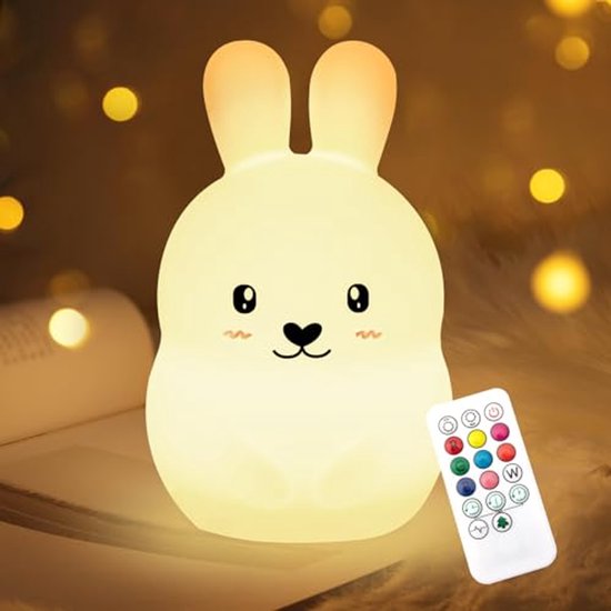 Schattig konijntje nachtlampje voor kinderen - 9 kleuren - USB oplaadbaar dimbaar kinderlampje met afstandsbediening