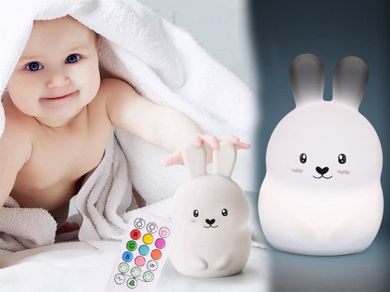 Schattig Nachtlampje Konijntje - Wit of gekleurd LED licht - Afstandsbediening - Oplaadbare Batterij van Merkloos