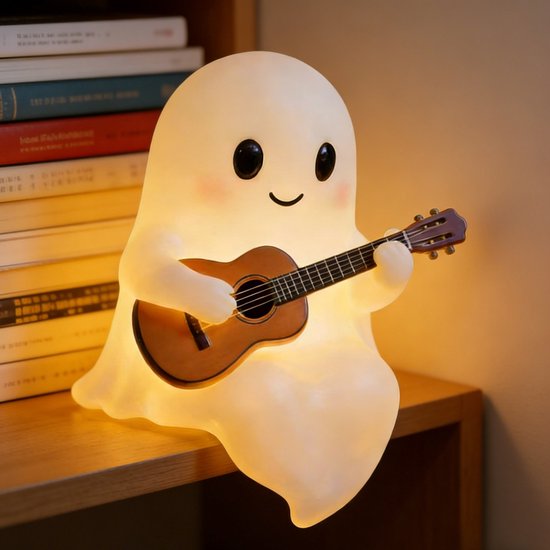 Schattige witte spook‑lees‑ en nachtlamp van 15 cm, USB‑gevoede 3D‑nachtlampje met warm licht, geschikt als Halloween‑decoratie voor tafel, slaapkamer, kantoor en openhaard