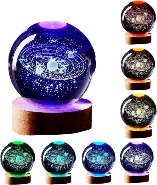 S&E 3D Solar System Kristallen Bol – LED Nachtlamp met Galaxy Design - Zonnestelsel van S&E