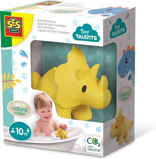 SES - Tiny Talents - Badspeelgoed Triceratops - 100% natuurlijk rubber dino - zacht en veilig materiaal - ftalaat- en PVC vrij - gesloten speeltje - Speelgoed 1 jaar van SES