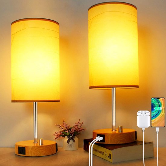 Set van 2 Dimbare Nachtkastlampen met USB-oplaadpoorten - Moderne Tafellampen voor Slaapkamer en Woonkamer van Merkloos