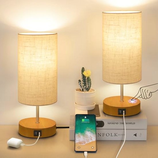 Set van 2 Dimbare Nachtkastlampjes met Touchfunctie en USB Oplaadpoorten van Merkloos