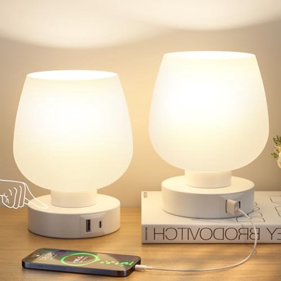 Set van 2 Dimbare Nachtlampen met Touchfunctie en USB-aansluitingen - Elegante Glazen Tafellampen voor slaapkamer, woonkamer en kantoor van Merkloos