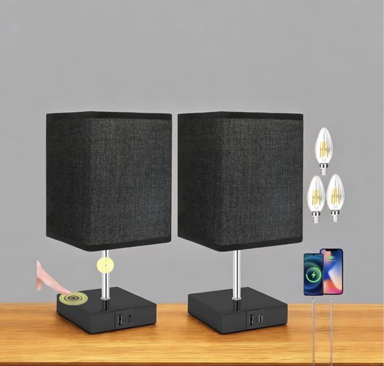 Set van 2 Touch Dimbare Bedlampjes met USB-aansluitingen - Warm Wit - Instelbare Helderheid - E14 Tafellampen voor Woonkamer en Slaapkamer van Merkloos