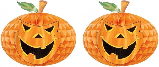 Set van 2x stuks horror decoratie honeycomb pompoen met gezicht 30 cm - Halloween lampion