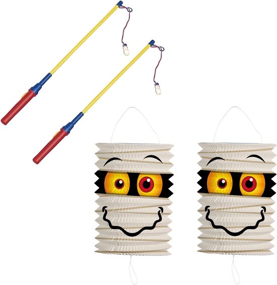 Set van 2x stuks treklampion 16 cm mummie met lampionstokjes - Halloween trick or treat lampionnen versiering