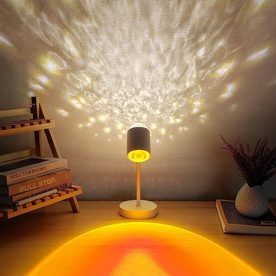 Sfeerverlichting met waterrimpeling, tweekoppige zonsondergangstafellamp, geschikt voor woonkamer- en slaapkamerachtergronden, zonsondergangstafellamp, USB-aangedreven - enkele kleur zonsondergangrood + 8 kleurenkaarten van Merkloos