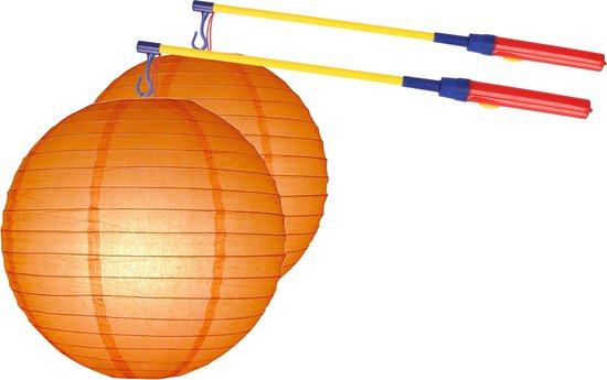 Sint Maarten 2x stuks oranje lampionnen 25 cm met 2x lampionstokjes