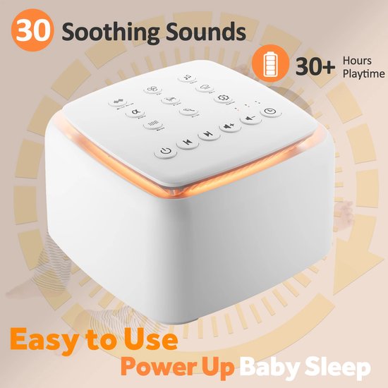 Slaapgeluidsmachine met 30 Rustgevende Geluiden & Warm Nachtlampje – Geluidsapparaat tegen Slapeloosheid en Huilbaby’s – Voor Baby’s en Volwassenen – 30 Uur Speeltijd, Oplaadbare Batterij van Merkloos