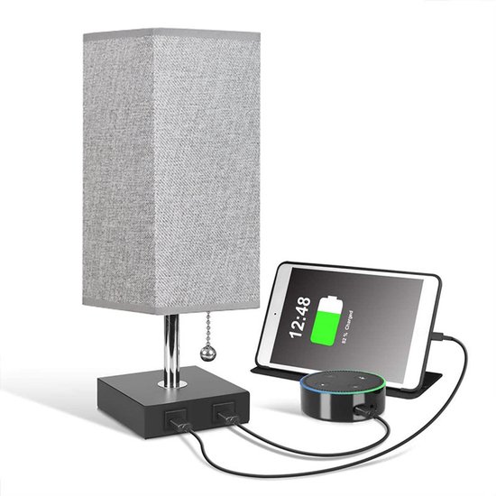 Slaapkamerlamp - Nachtlampje - Leeslamp - Vierkante grijze stoffen nachtlamp - Met twee USB-oplaadpoorten - Geschikt voor slaapkamers, kantoren, logeerkamers en kinderkamers - Grijs