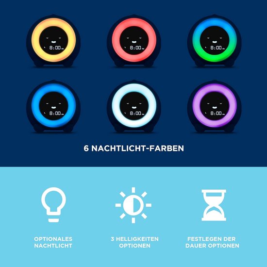 Slaaptrainer Kinderen - Nachtlamp Wekker - Kind Leren Wakker Worden - Kleur Verandert - 11 cm Hoog - Blauw