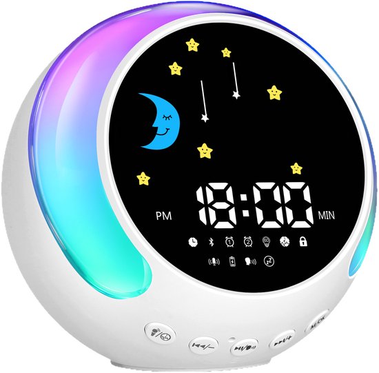 Slaaptrainer–Kinderwekker–Slaapwekker—Oplaadbaar–Nachtlampje voor kinderen–Met dimfunctie–Slaaplampj –Witte ruis – Bluetooth-luidspreker – Met nachtlampje en wekkerfunctie – Slaapondersteuning voor peuters en oudere kinderen – Nachtlampje voor baby’s van Merkloos