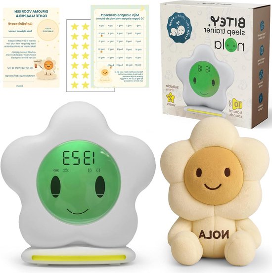 Slaaptrainer met Knuffel - Nachtlampje Wekker - Kinderslaap Leren - Kleuren Lichtsysteem - 18 x 18 x 17 cm - Wit
