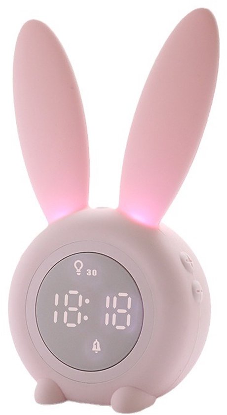 Slaaptrainer voor kinderen, kinderwekker en nachtlampje in schattig roze konijn‑ontwerp