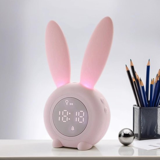 Slaaptrainer voor kinderen - Kinderwekker - Slimme, automatisch aanpasbare ademhalingslamp - Spraakbediening of trilling - Weergave van tijd/datum/temperatuur - Roze konijn