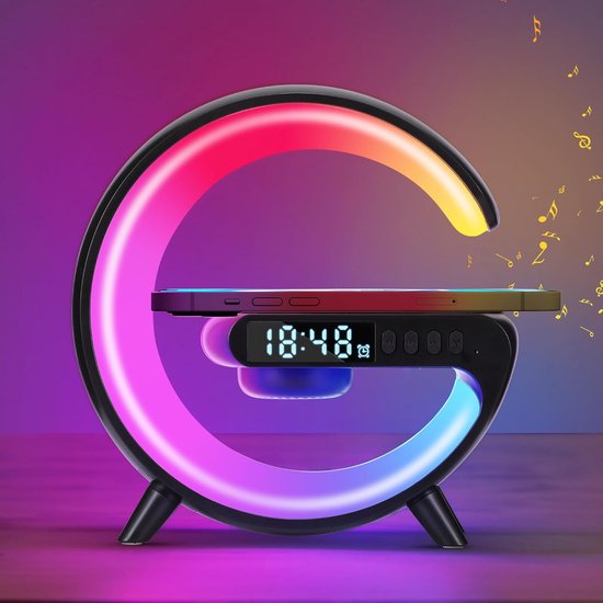 Slim Nachtlampje met Draadloze Oplader, Wekker en Bluetooth Speaker - Dimbaar Sfeerlicht