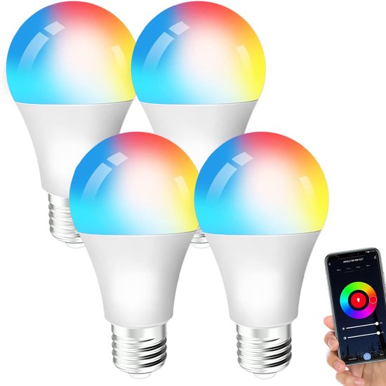 Slimme Gloeilamp E27, 10W 1000 Lumen led Smart Bulb Rgb16 Miljoen Verschillende Kleuren, Kleurtemperatuur 2700K tot 6500K, Werkt met Google Assistant, 4 stuks [Energieklasse E] van Merkloos