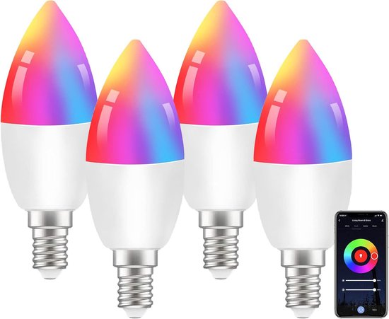 Slimme Lampen LED E14 Smart Wifi Bulb 4.5W /385lm Dimbare Gekleurde Lamp RGB+2700-6500K, Compatibel met Google Assistant, APP Controle, Slimme Gloeilamp Smart Home Lampen, 4st [Energieklasse F] van Aigostar