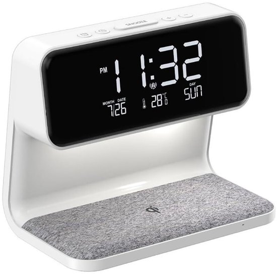 Slimme Oplader Lamp - Digitale Wekker - Wakker Worden - Draadloos Opladen - Groot Scherm - Wit