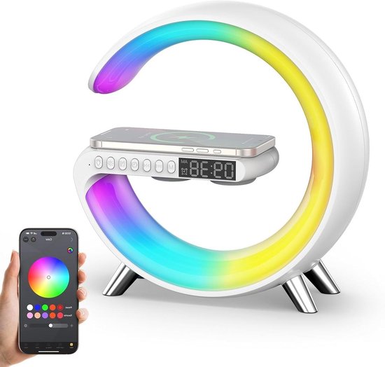 Slimme Wekker - Nachtlamp Speaker - Rustig Wakker Worden - Draadloze Oplaadfunctie - Groot Model - Wit van Merkloos