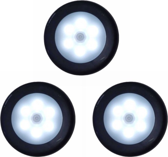 SMART ONE - Nachtlampje met Bewegingssensor - INCL. Batterijen - 3 stuks - Trapverlichting met Sensor - LED - Wandlamp met Sensor op Batterij - Zwart - Koud Wit van Merkloos