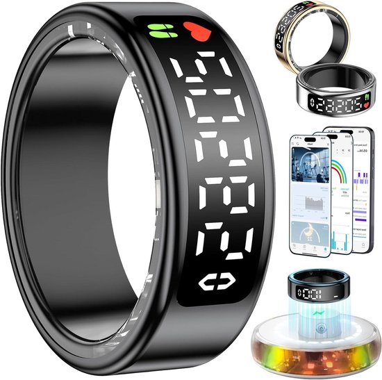 Smart Ring - Fitness Ring - Gezondheid Monitoren - LED Touch Display - Maat 15 - Zwart
