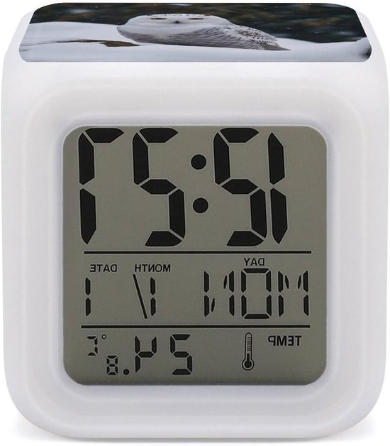 Sneeuwuil Wekker - Digitale Klok Nachtlampje - Wakker Worden - 7 Kleuren Veranderend - 8 cm - Wit
