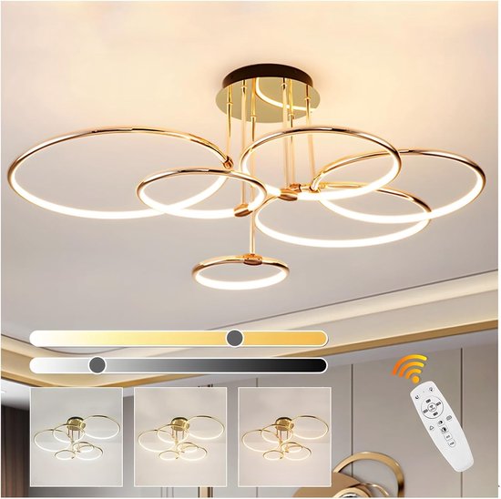 SnelShoppen - 6 Ronde Ringen Gouden Led-Plafondlamp Ø105cm - 145W Dimbare Kroonluchter Met Creatief Ontwerp Voor Slaapkamer, Woonkamer, Kinderen, Kant