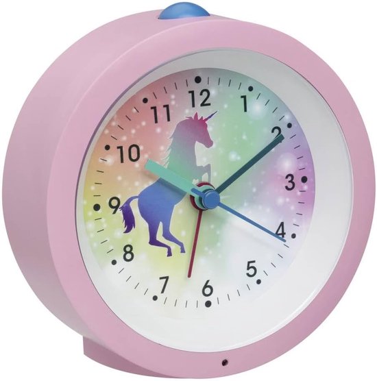 SnelShoppen - Analoge Kinderwekker Unicorn, Stille Sweep Beweging, Nachtlampje, Snooze Functie, Roze en Regenboog, 105x41x105mm