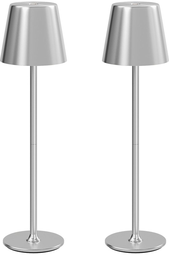SnelShoppen - Draadloze Nachtkastlamp Set van 2 met 3 Helderheidsniveaus, Zilverkleurig Metalen Nachtlampje, USB-oplaadbaar, Perfect voor Slaapkamer,
