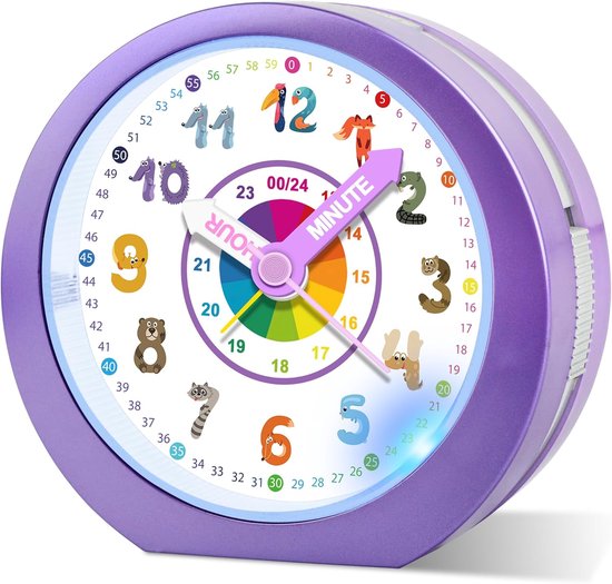 SnelShoppen - Kinderwekker Meisjes Jongens - Stil Analoog Leerwekkertje met Nachtlampje en Snooze-functie voor de Kinderkamer - Paars van snelshoppen