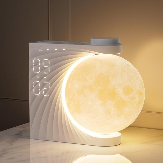 SnelShoppen - Maanlamp met Lichtwekker, 2 Wekkertjes, RGB Kleuren, Natuurlijke Geluiden, Bedlampje met 3 Helderheidsniveaus, Nachtlampje voor Kinderen