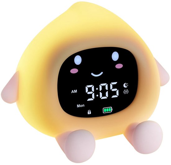 SnelShoppen - OQIMAX Kinderwekker Schattige Perzikvorm Slaaptrainer met 9 RGB Nachtlampjes, 6 Rustgevende Geluiden, Snooze-functie, Wake-up Lichtwekke