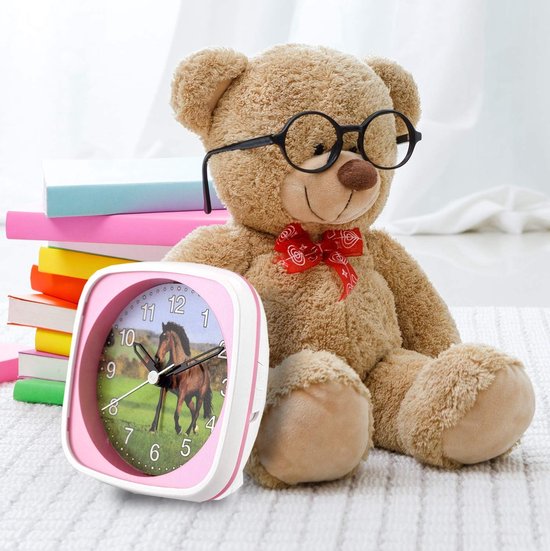 SnelShoppen - Quartz Kinderwekker - Kleurrijke Motieven - Geen Tikkend Geluid - Inclusief Licht en Herstelfunctie - Roze/Paard - Perfect voor Kinderen