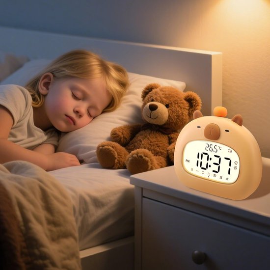 SnelShoppen - Strixorn Capybara Kinderwekker met Nachtlampje, Oplaadbare Wekker voor Jongens en Meisjes, Instelbare 3 Alarmen, LED Weergave van Tijd,