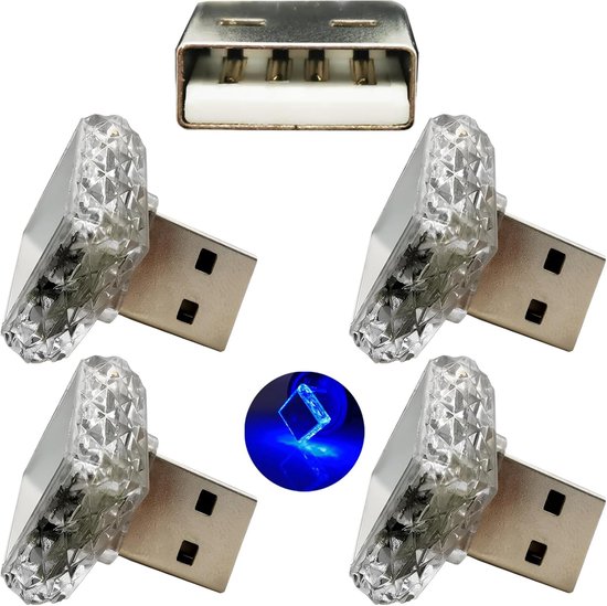 SnelShoppen - USB Nachtlampje, Touch Bediening, Blauw, 4 Stuks, 5V/1A Mini Sfeerverlichting, PC Materiaal, Geschikt voor Powerbanks en Auto's, Energie