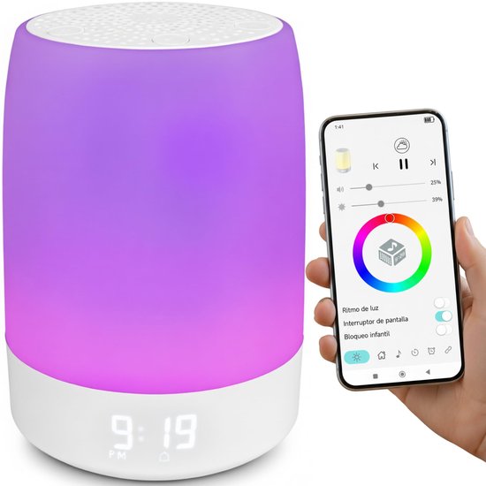 SnelShoppen - Witte geluidsmachine met klok, 32 rustgevende geluiden, Bluetooth en app-bediening, 8 kleuren nachtlampje, draagbaar met 8 uur oplaadbar