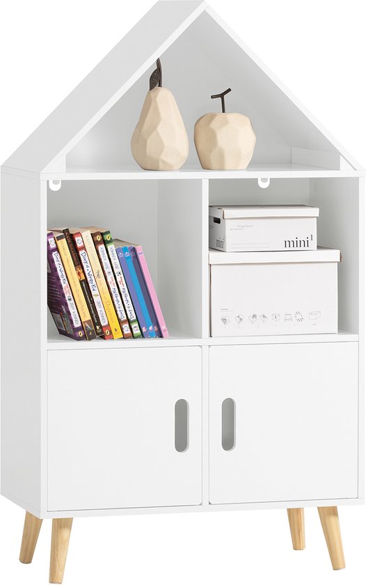 SoBuy Kinderboekenkast met Kasteellook - Kinderopbergrek met 2 Deuren & 3 Vakken - Speelgoedkast voor Kinderkamer - Wit, 63x30x103cm, KMB58-W